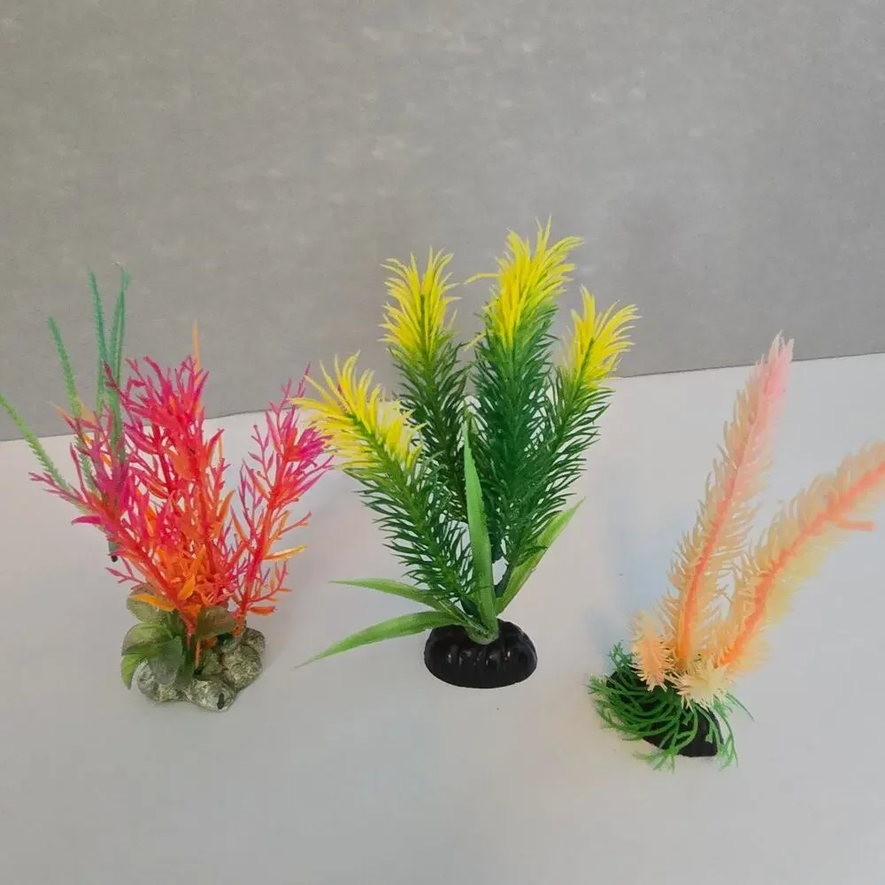 Fish Tank Aquarium Decorations Artificial Plastic Plants 2 Cave Rocks Decor Set
